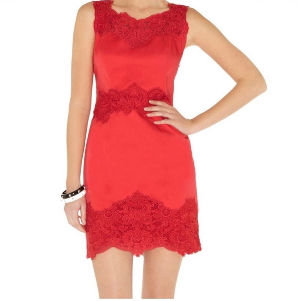 Karen Millen Red Lace Trim Sheath Dress Size 6 Lined